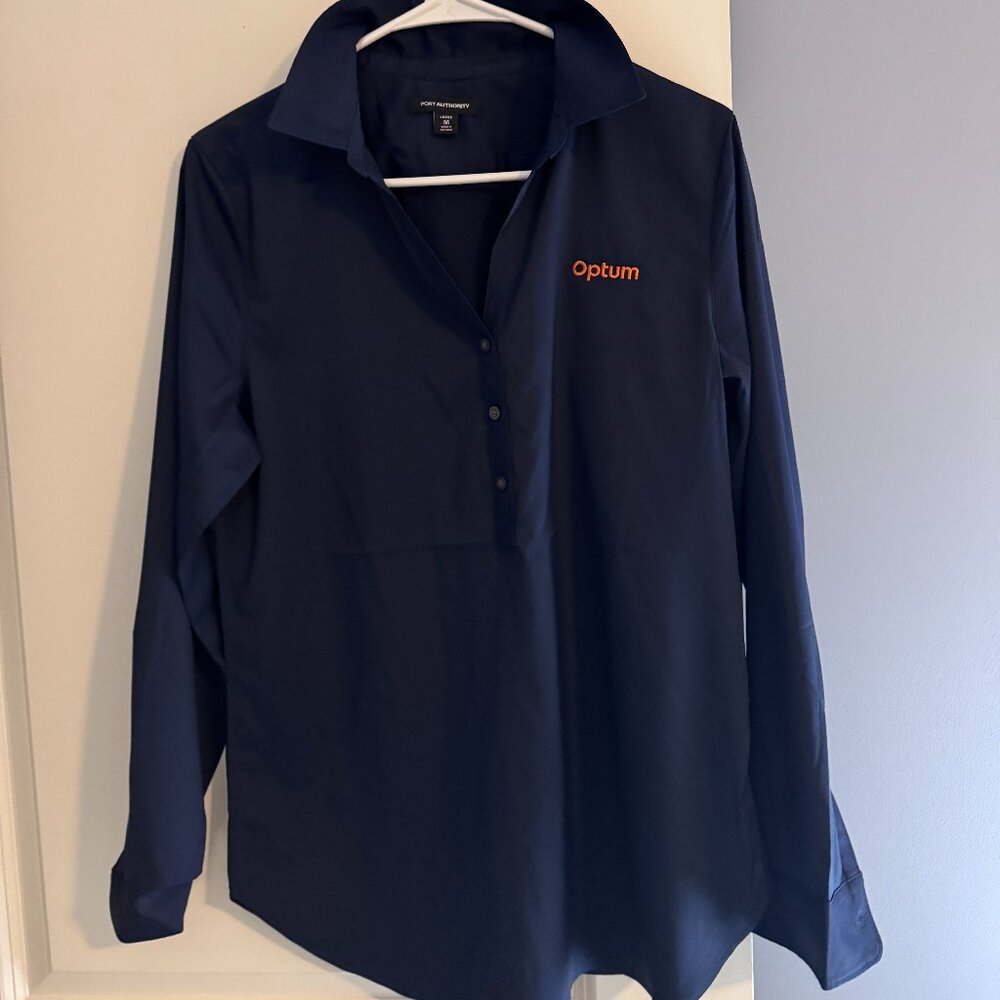 Optum Embroidered Button-Front Blouse – Navy (Ladies Medium)